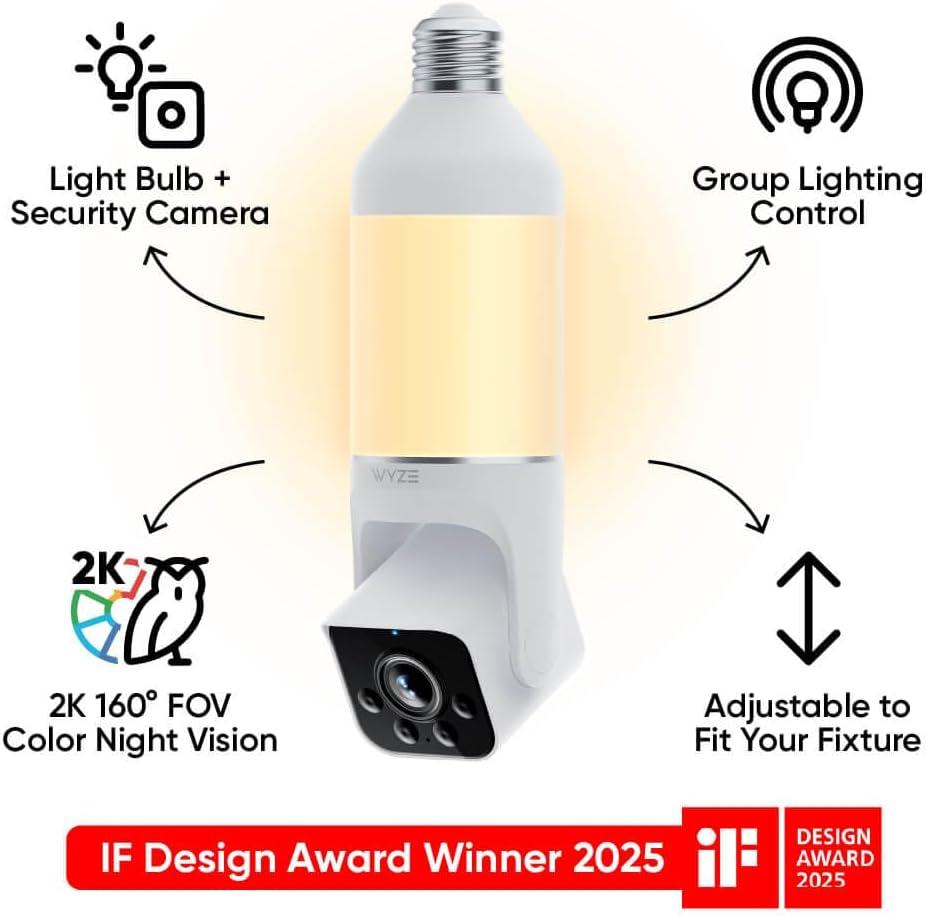 imageWYZE Bulb Cam Security Camera 2K HD Outdoor Light Bulb Camera Color Night Vision Dimmable LED Bulb Motion Detection Siren Alarm Works wAlexaGoogle Assistant Free Expert SupportBulb Cam