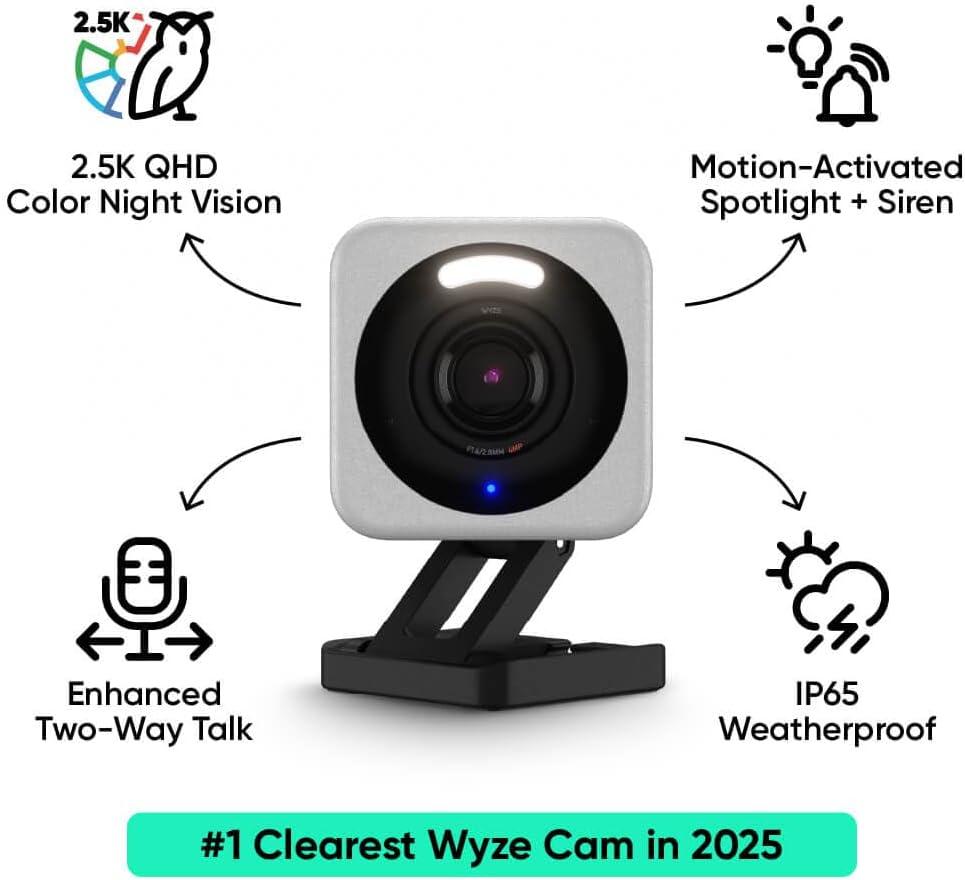 imageWYZE Cam v4 25K HD WiFi Smart Home Security Camera IndoorOutdoor PetBaby Monitor Motion Activated SpotlightSiren Color Night Vision 2Way Audio Works with Alexa ampamp Google Wired GreyGrey