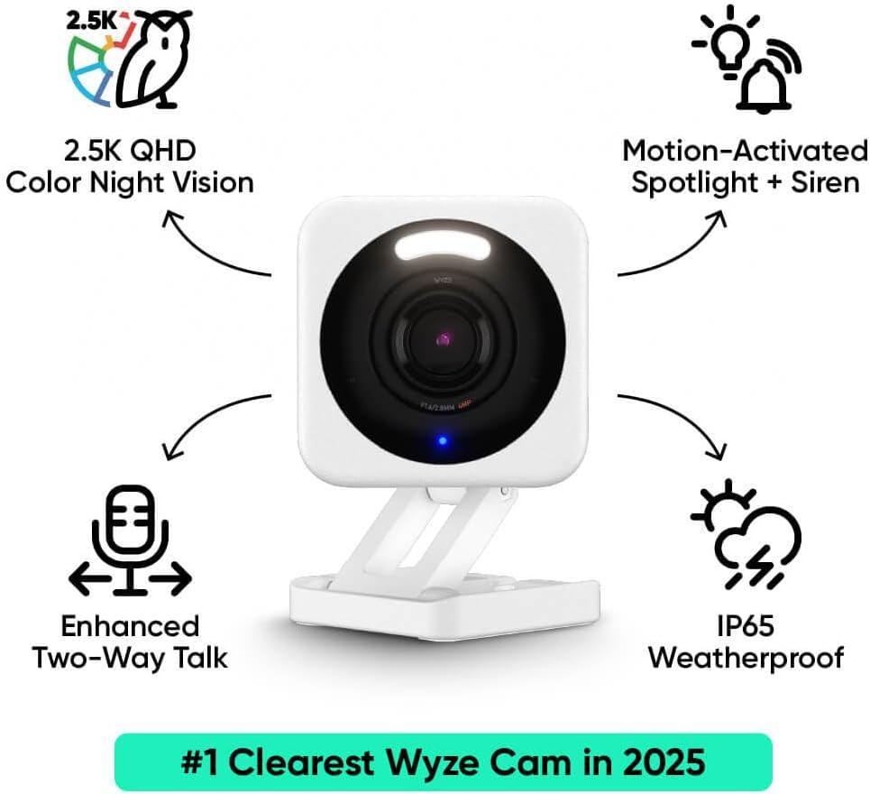 imageWYZE Cam v4 25K HD WiFi Smart Home Security Camera IndoorOutdoor PetBaby Monitor Motion Activated SpotlightSiren Color Night Vision 2Way Audio Works with Alexa ampamp Google Wired GreyWhite