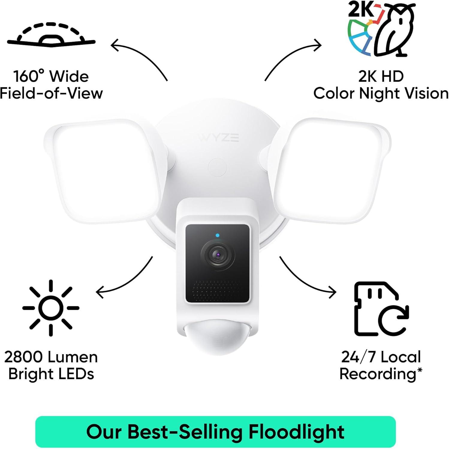 imageWYZE Floodlight Camera v2 Security Camera Outdoor 2K HD with Color Night Vision 2800Lumen LEDs 160 Wide View 105dB Siren Works with Alexa ampamp Google Assistant Wired Free Expert SupportWhite