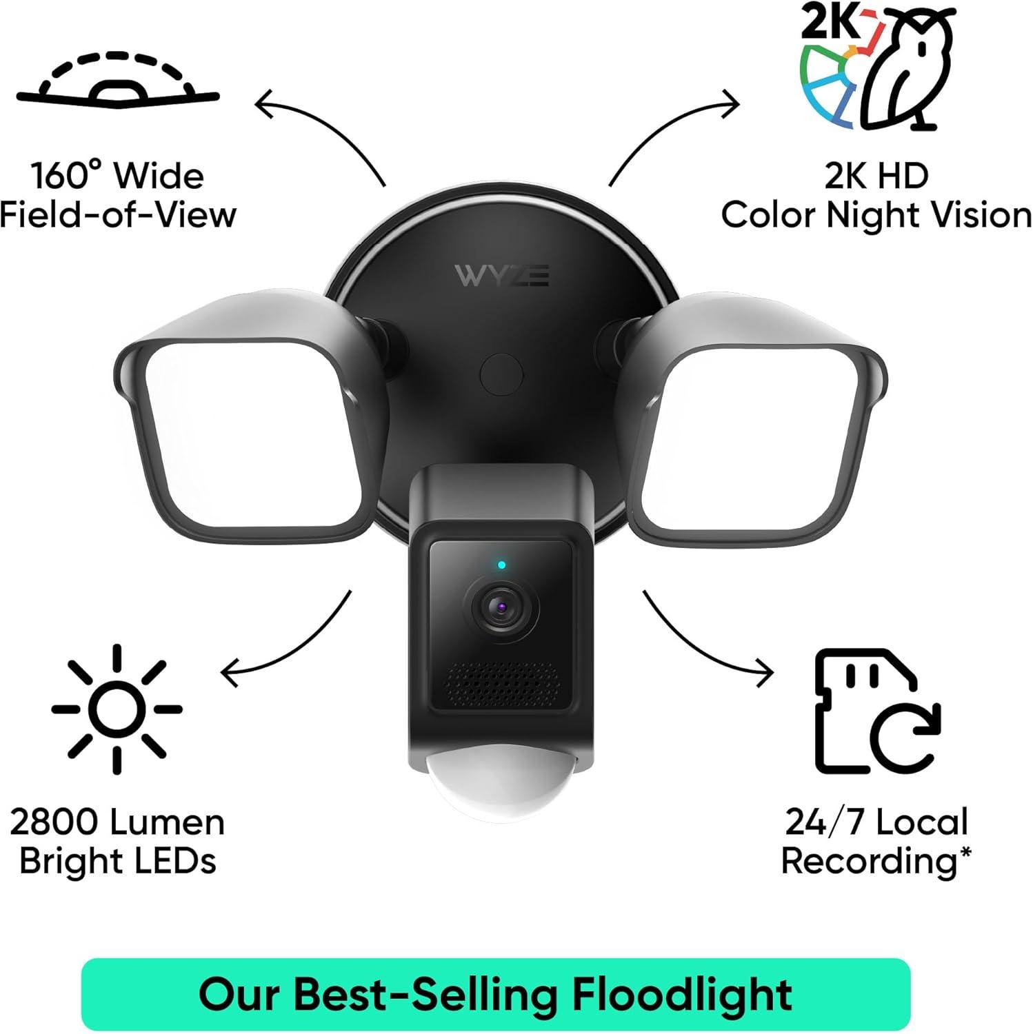 imageWYZE Floodlight Camera v2 Security Camera Outdoor 2K HD with Color Night Vision 2800Lumen LEDs 160 Wide View 105dB Siren Works with Alexa ampamp Google Assistant Wired Free Expert SupportBlack