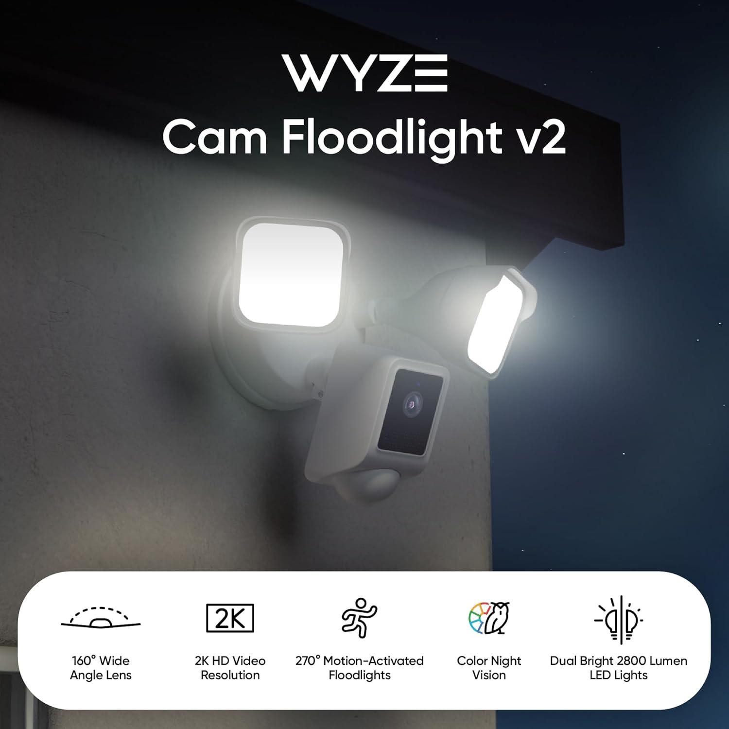 imageWYZE Floodlight Camera v2 with Plugin Mount 2K HD Outdoor Security Camera Color Night Vision Motion Activated Electrical Box with 20ft WeatherResistant Power Cable Easy Installation White