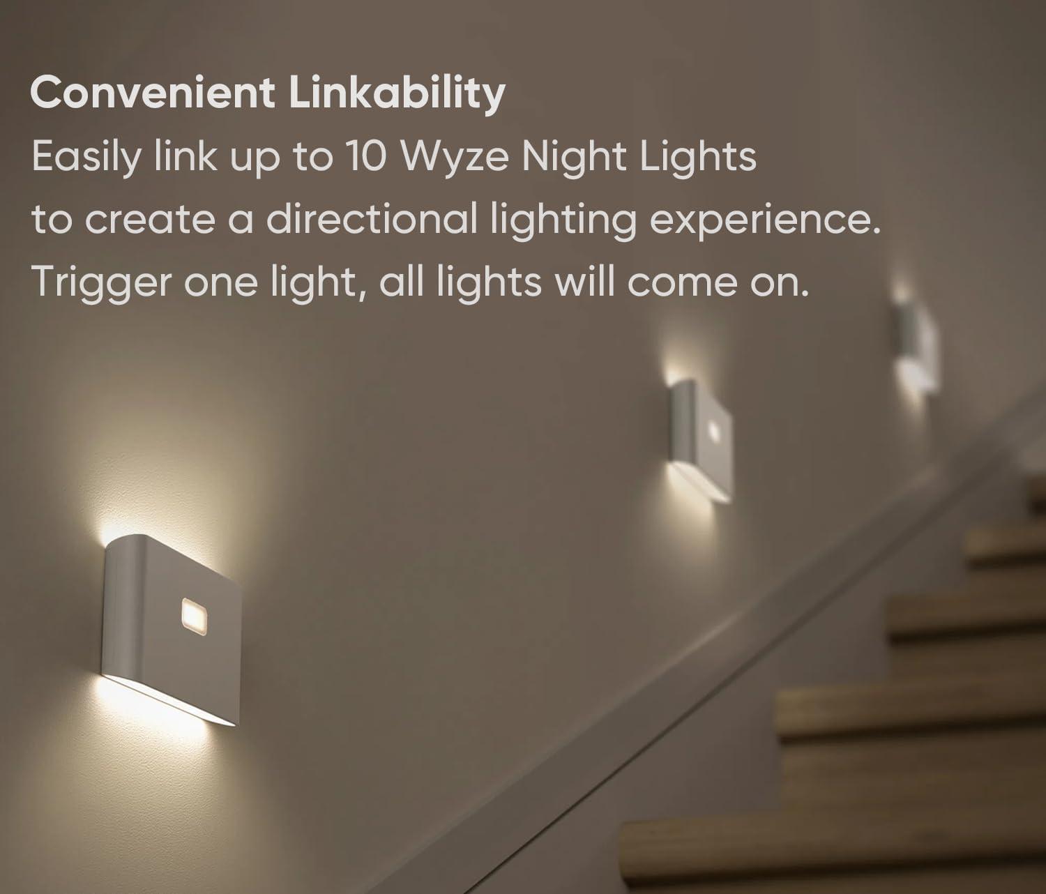 imageWYZE Rechargeable Night Lights with Dusk to Dawn ampamp Motion Sensors Warm ampamp Soft White Stair Lights for Bathroom Hallway Linkable Magnetic Mount 3 Pack3 Pack