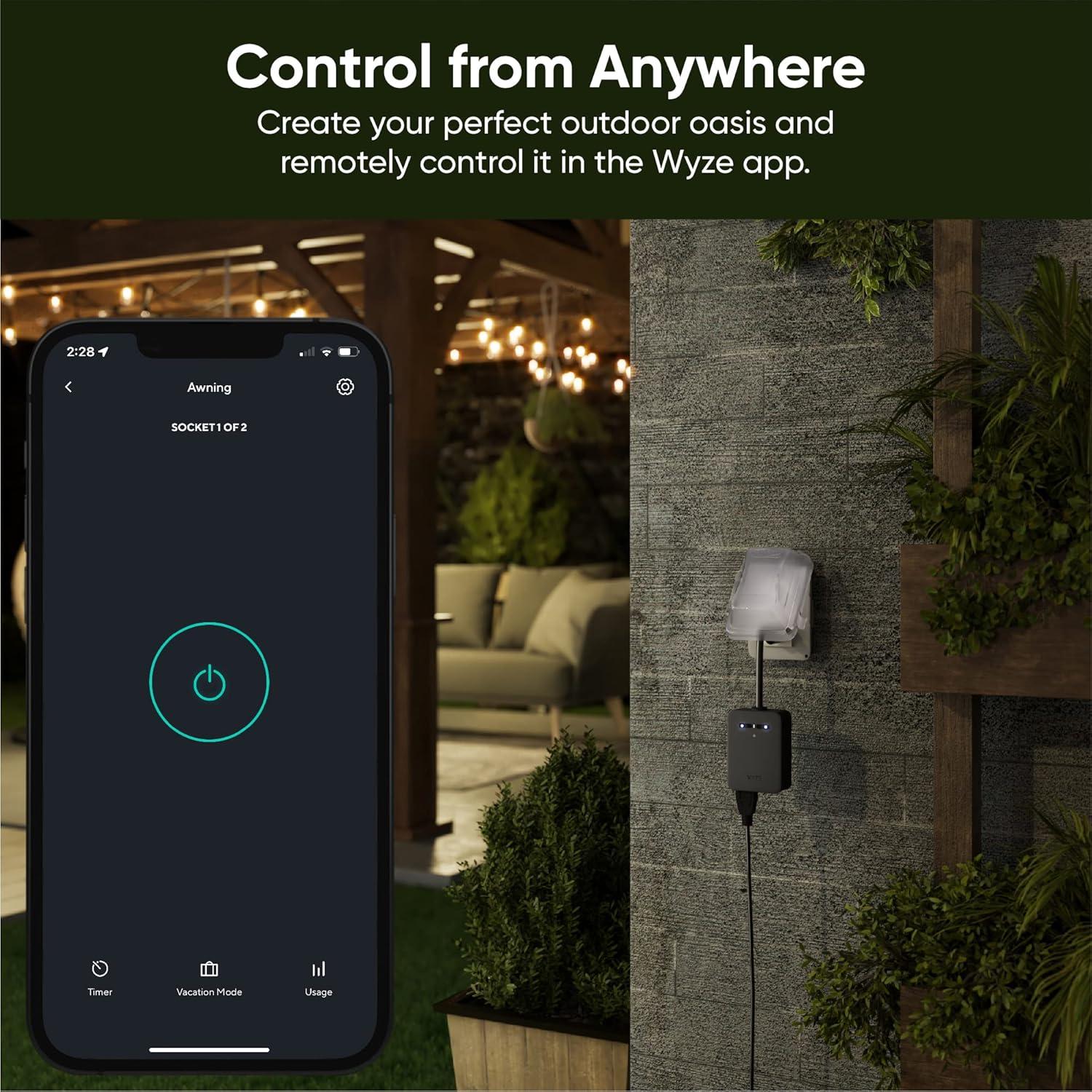 imageWyze Plug Outdoor Dual Outlets Energy Monitoring IP64 24GHz WiFi Smart Plug Works with Alexa Google Assistant IFTTT No Hub Required Black