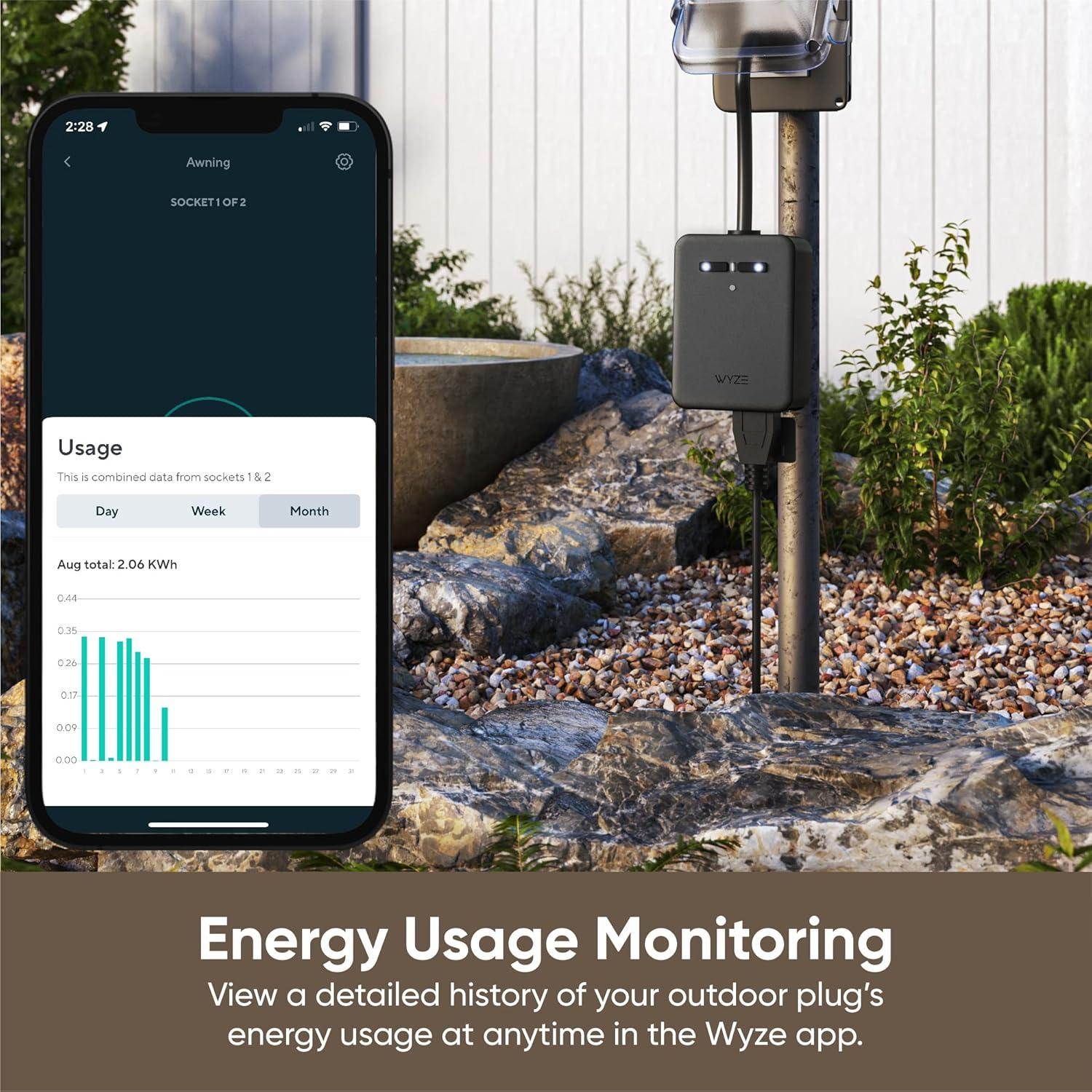 imageWyze Plug Outdoor Dual Outlets Energy Monitoring IP64 24GHz WiFi Smart Plug Works with Alexa Google Assistant IFTTT No Hub Required Black