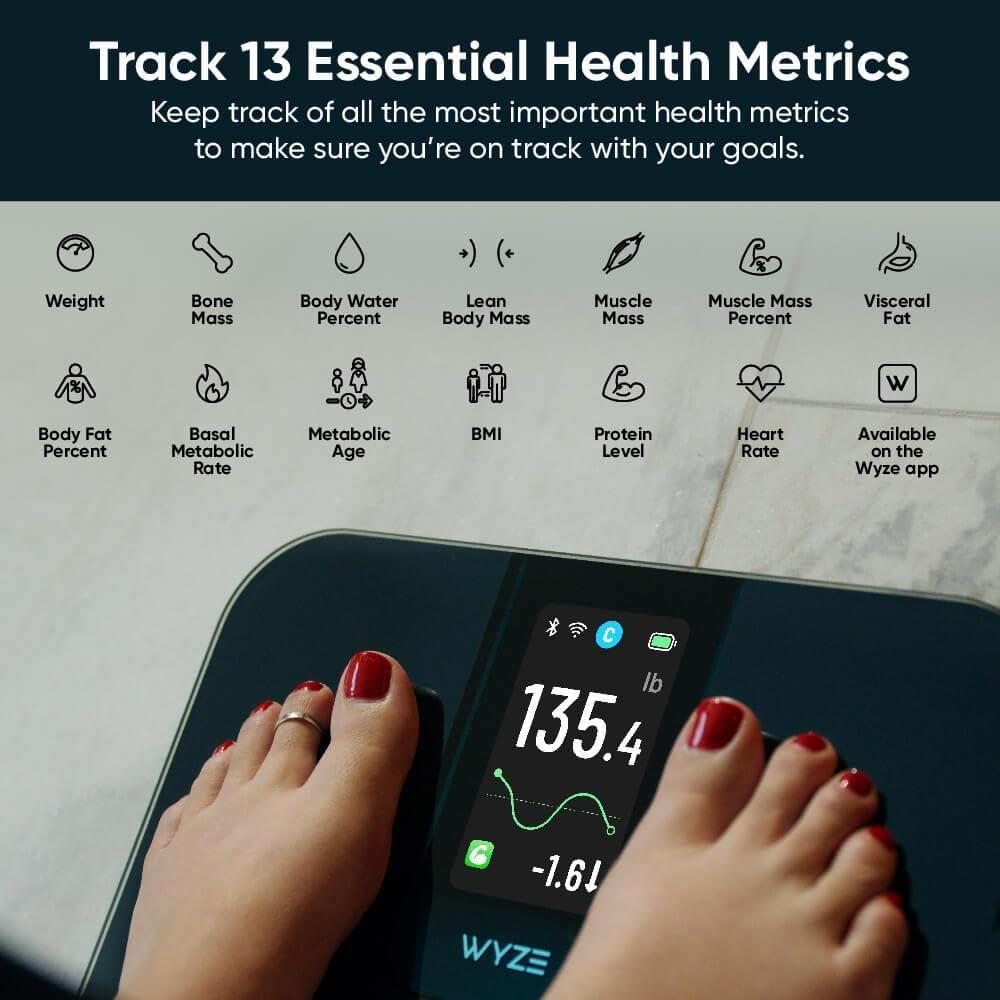 imageWyze Smart Scale Scale for Body Weight Digital Bathroom Scale for Body Fat BMI and Heart Rate Body Composition Analyzer with App Batteries Included Bluetooth 400 lb BlackWyze Scale Ultra Black