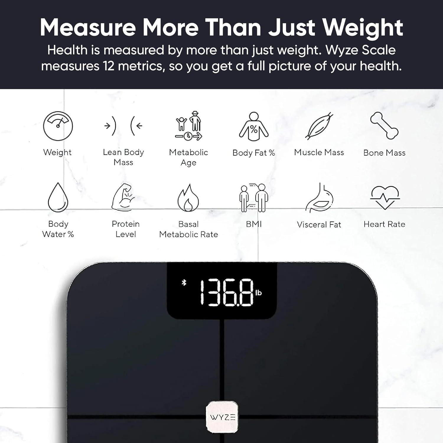 imageWyze Smart Scale Scale for Body Weight Digital Bathroom Scale for Body Fat BMI and Heart Rate Body Composition Analyzer with App Batteries Included Bluetooth 400 lb BlackWyze Scale Black
