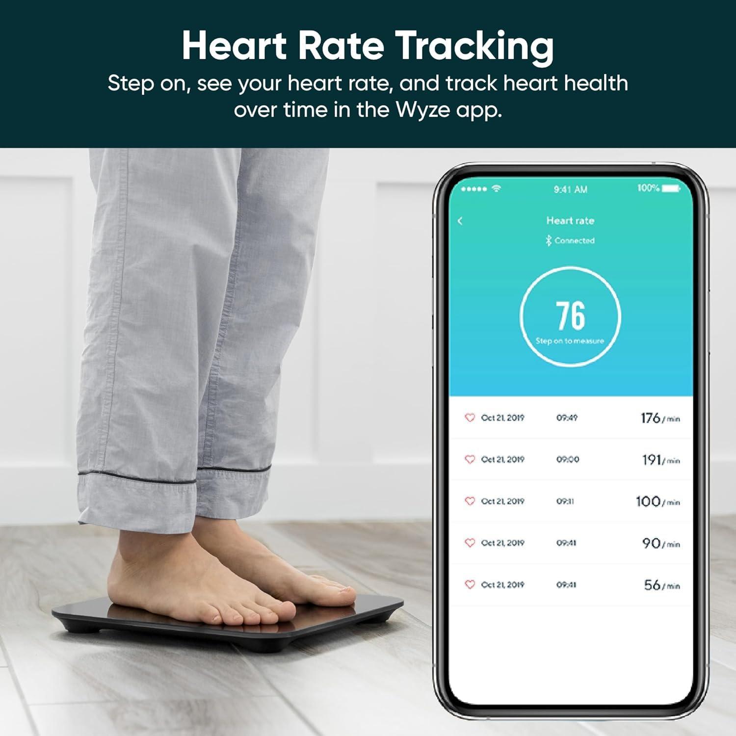 imageWyze Smart Scale Scale for Body Weight Digital Bathroom Scale for Body Fat BMI and Heart Rate Body Composition Analyzer with App Batteries Included Bluetooth 400 lb BlackWyze Scale Black