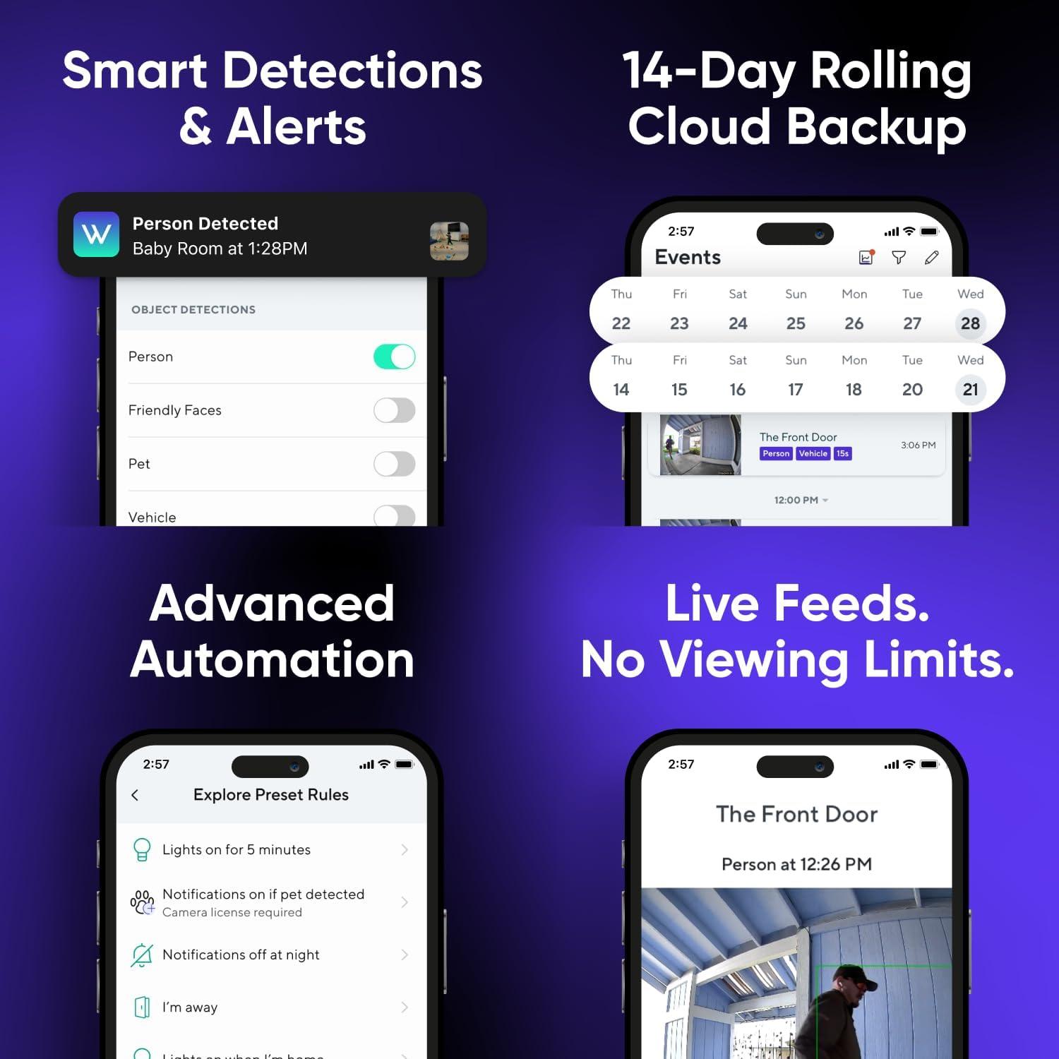 imageWyze Security Plan  Cam Unlimited  Unlimited Cameras  1 Month Subscription Full AI features  Facial Recognition for Friendly Faces  Smart Detection for Person Pet Package Vehicle and Glass Break  Security Surveillance and Monitoring  Rolling 14 Days Event Video Recording  Activation Required  Cancel Anytime12 Months  1 Camera
