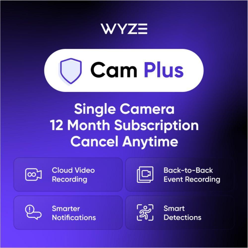 imageWyze Security Plan  Cam Unlimited  Unlimited Cameras  1 Month Subscription Full AI features  Facial Recognition for Friendly Faces  Smart Detection for Person Pet Package Vehicle and Glass Break  Security Surveillance and Monitoring  Rolling 14 Days Event Video Recording  Activation Required  Cancel Anytime12 Months  1 Camera