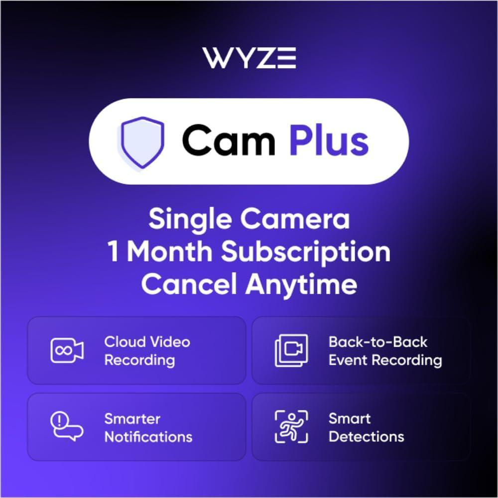 imageWyze Security Plan  Cam Unlimited  Unlimited Cameras  1 Month Subscription Full AI features  Facial Recognition for Friendly Faces  Smart Detection for Person Pet Package Vehicle and Glass Break  Security Surveillance and Monitoring  Rolling 14 Days Event Video Recording  Activation Required  Cancel Anytime1 Month  1 Camera