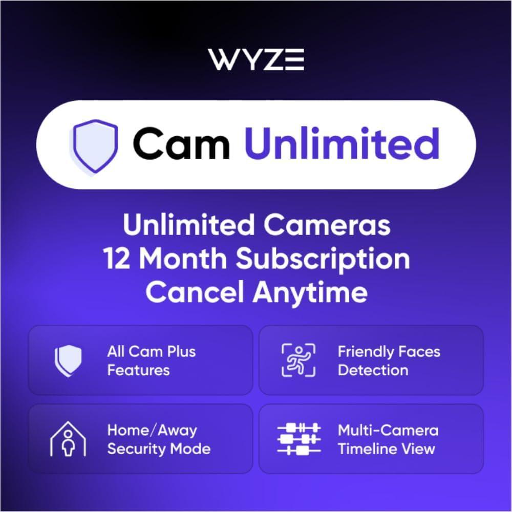 imageWyze Security Plan  Cam Unlimited  Unlimited Cameras  1 Month Subscription Full AI features  Facial Recognition for Friendly Faces  Smart Detection for Person Pet Package Vehicle and Glass Break  Security Surveillance and Monitoring  Rolling 14 Days Event Video Recording  Activation Required  Cancel Anytime12 Months  Unlimited Cameras
