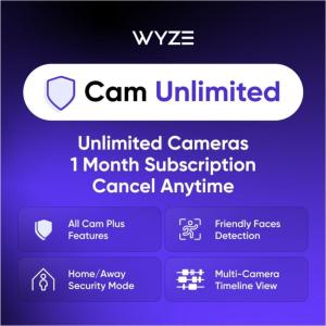 imageWyze Security Plan  Cam Unlimited  Unlimited Cameras  1 Month Subscription Full AI features  Facial Recognition for Friendly Faces  Smart Detection for Person Pet Package Vehicle and Glass Break  Security Surveillance and Monitoring  Rolling 14 Days Event Video Recording  Activation Required  Cancel Anytime1 Month  Unlimited Cameras